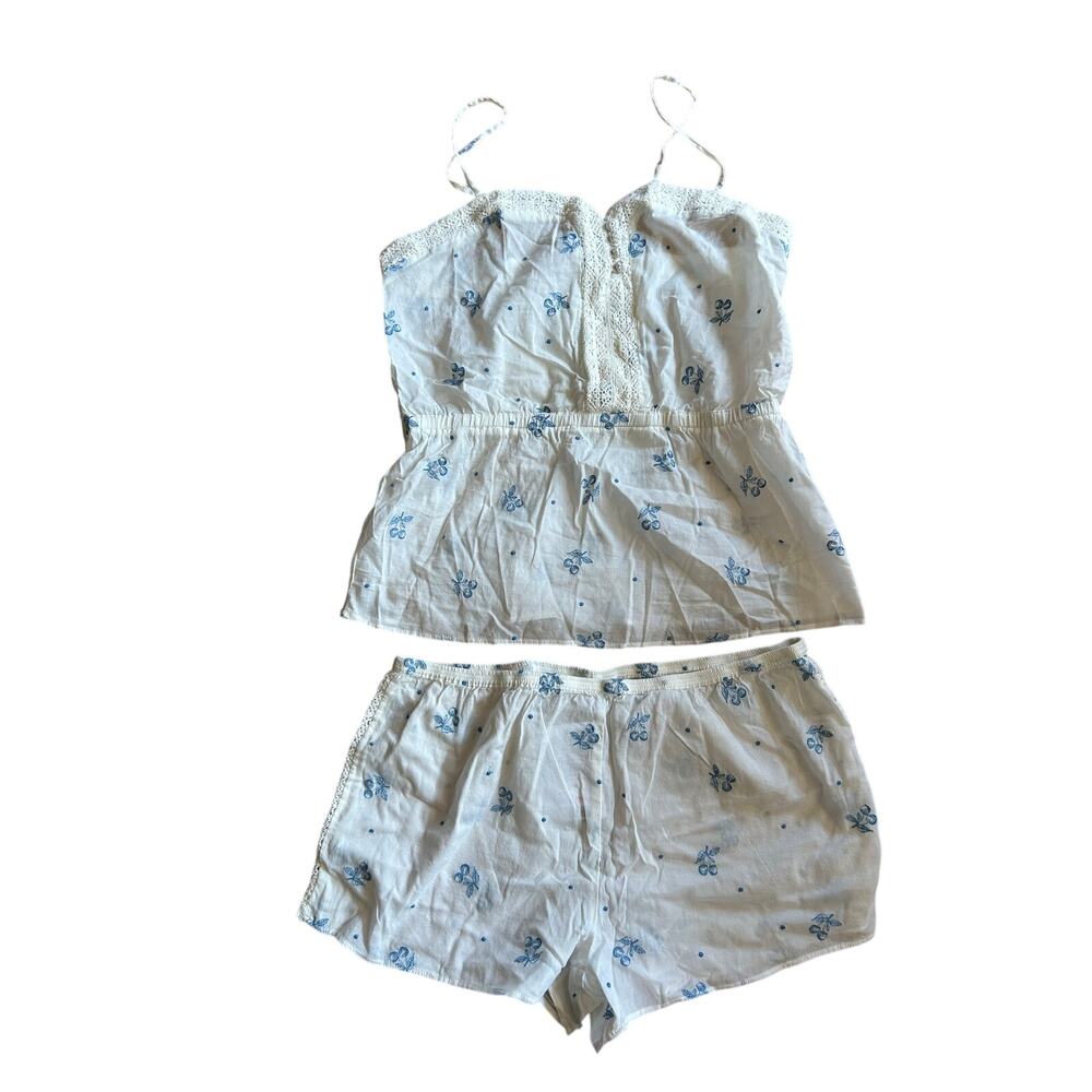 NWT anthropologie two piece shorts and tank pajama set s/m white blue flowers